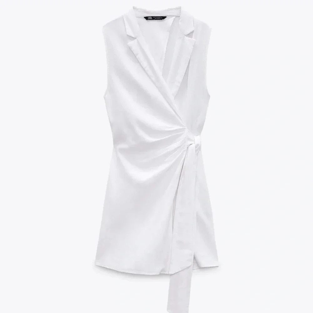 Zara linen romper tie front collar vneck wrap jumpsuit skort lapel vneck dress